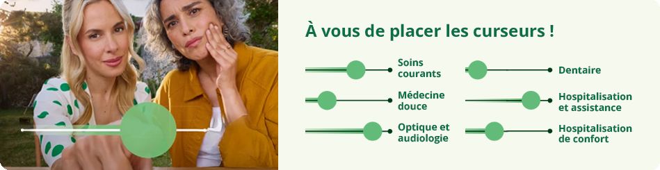 A vous de placer les curseurs ! Soins courants, médecine douce, optique et audiologie, dentaire, hospitalisation et assistance, hospitalisation de confort.