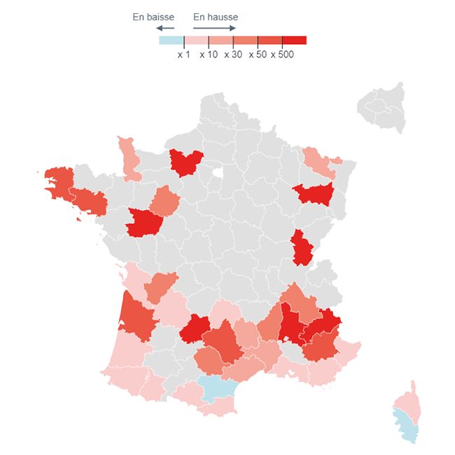 GDMR - GMED - Carte évolution surface brulée en 2022 par département 